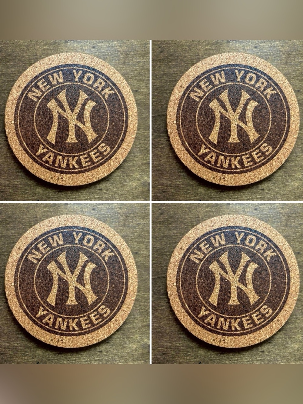 New York Yankees Logo Laser Engraved Cork Coasters Lot of 4